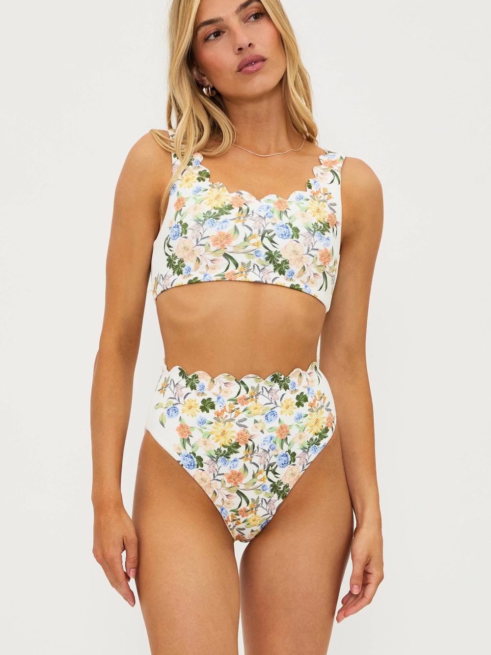 Beach Riot White Floral Scallop High-Waist Bikini Set